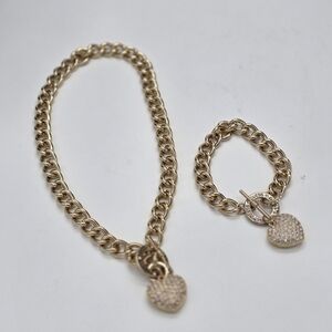 Gold Heart Charm Necklace and Bracelet Set by Guess